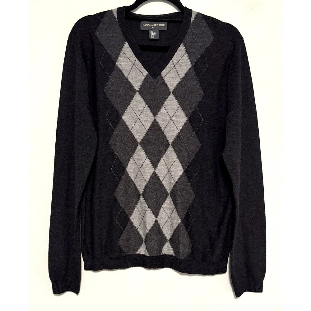 Banana Republic 2007 Style Wool Argyle Sweater Sz S Gray 90s Preppy University